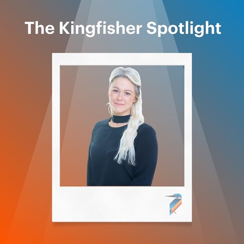 Animated Image with a gradient background transitioning from orange to blue. The text 'Employee Spotlight' appears in the center with a spotlight effect shining down, emphasizing the title. Kingfisher Lighting branding is incorporated for visibility and recognition.