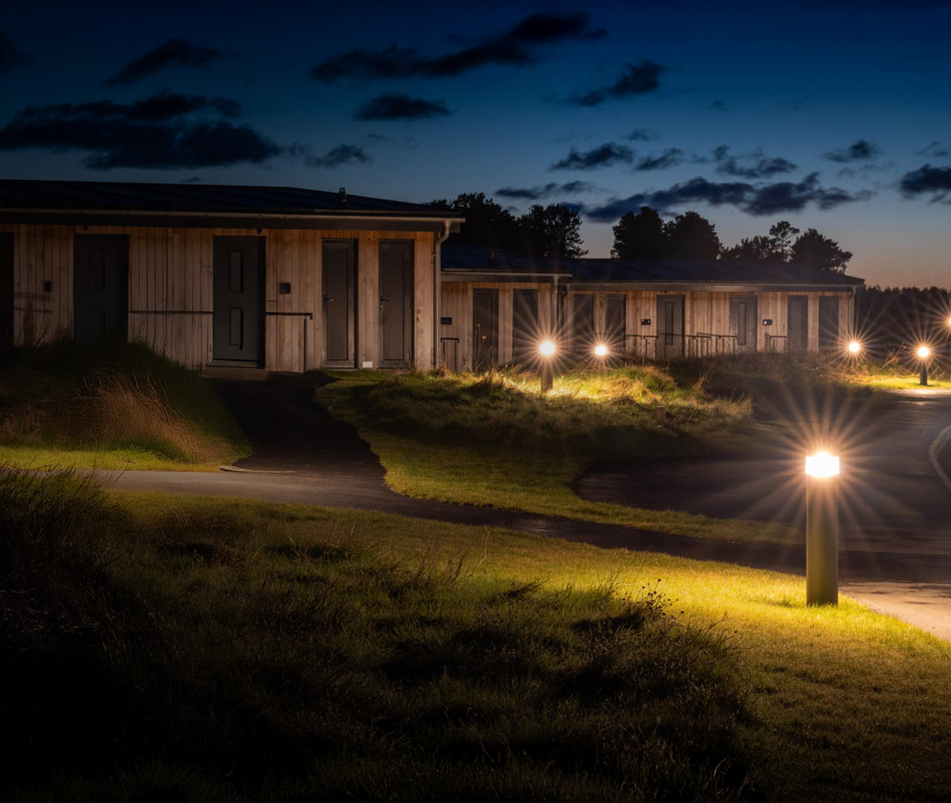 Amenity Lighting Bollards, KLOU surrounded by the quaint cabins of Dundonald Links in Scotland
