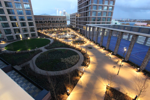 Exterior lighting used across a modern public realm environment at Canada Water