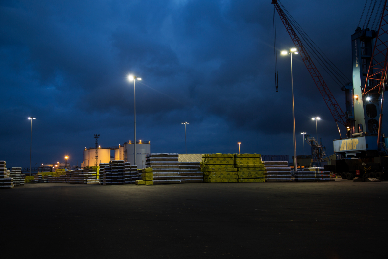 LED high mast floodlighting installation illuminating a large port environment